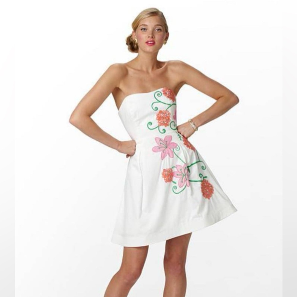 Lilly Pulitzer Strapless White Dress with Pink and Green Floral Design